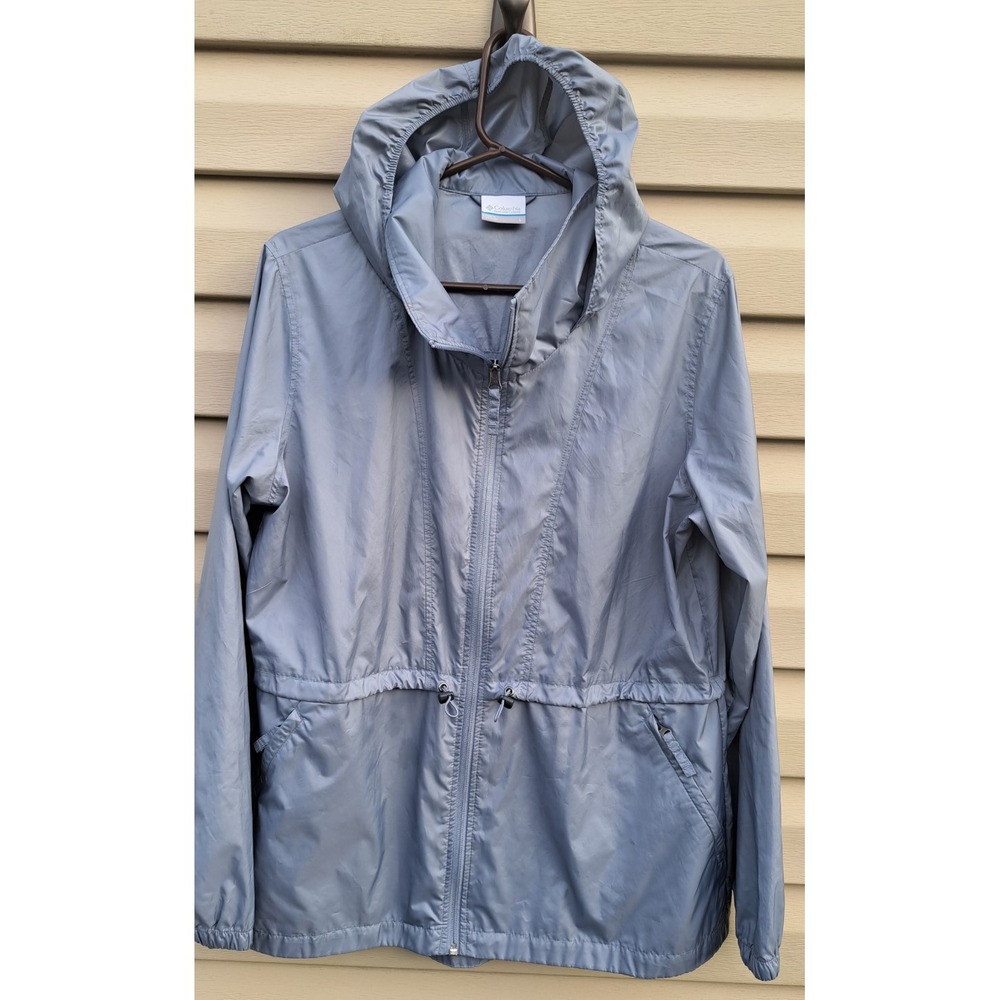 Columbia Womens L Rain Jacket Gray Hooded Full Zip Windbreaker Lightweight Coat